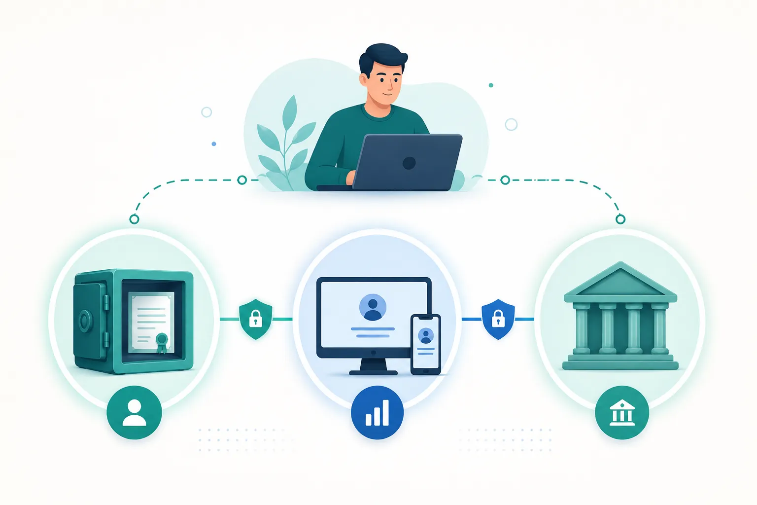 Illustration showing how-to-invest in stocks for beginners. the bank account, trading account, and demat account used for stock investing in India.