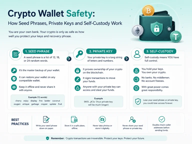 image explaining Crypto Wallet Safety How Seed Phrases, Private Keys and Self-Custody Work