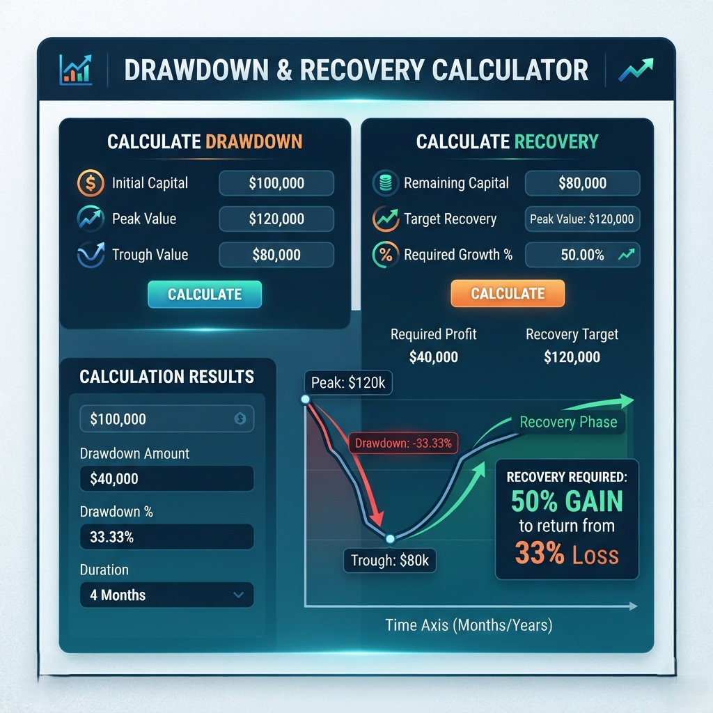 Drawdown and recovery calculator Drawdown and recovery calculator showing account loss and percentage gain needed to recover