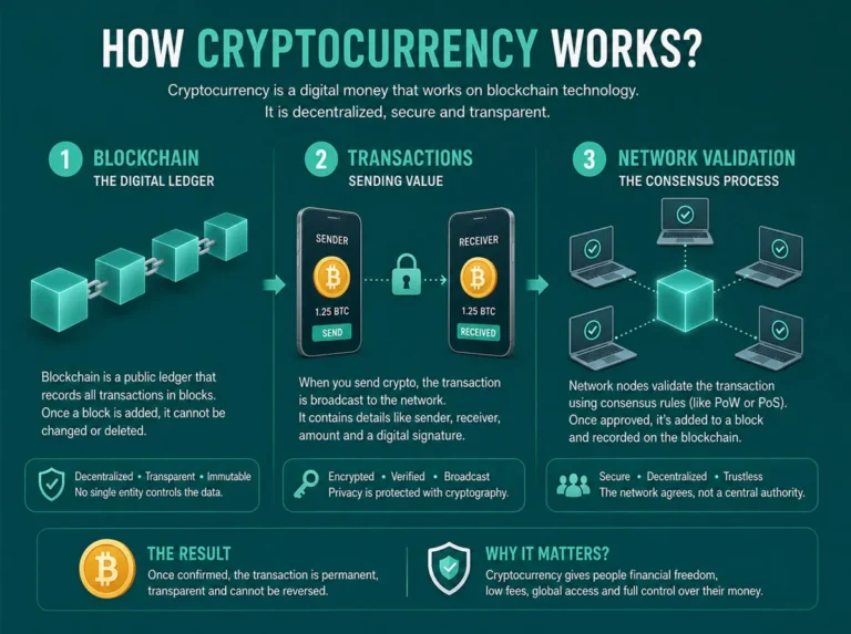 Abstract blockchain network showing validated cryptocurrency transactions and how cryptocurrency works