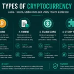 Editorial illustration representing different types of cryptocurrency, including coins, tokens, stablecoins, and digital collectibles.