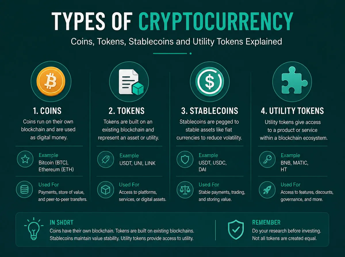 Editorial illustration representing different types of cryptocurrency, including coins, tokens, stablecoins, and digital collectibles.