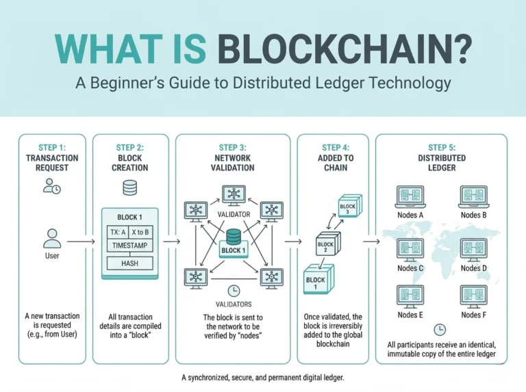 Illustration explaining what is blockchain, in simple words