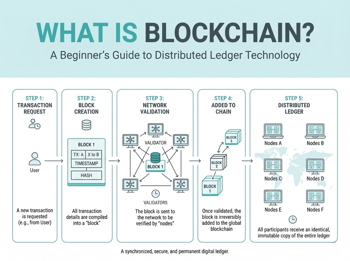 Illustration explaining what is blockchain, in simple words