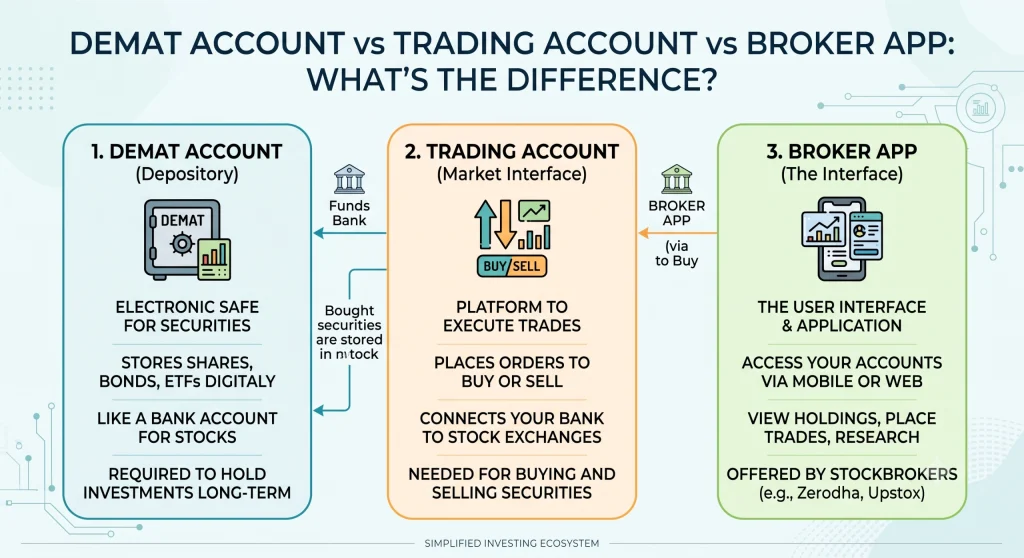 difference vetween demat account vs trading account vs broker app
