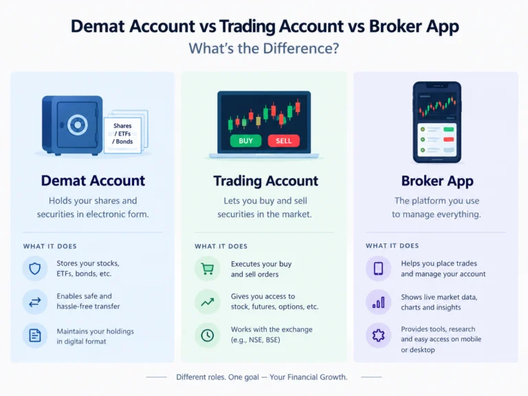 image explaining demat account vs trading account vs brokers app comparison