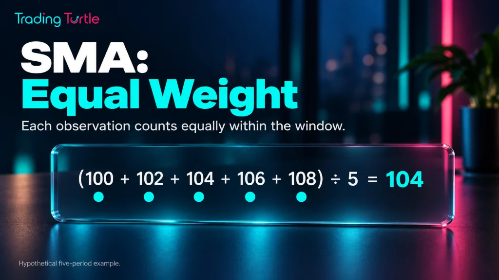 Five hypothetical observations receive equal weight in a simple moving average of 104.