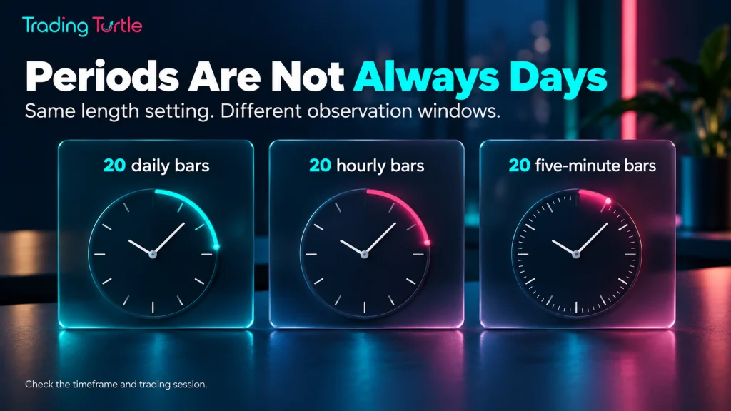 Twenty daily, hourly and five-minute bars represent different observation windows.
