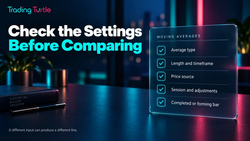 A comparison checklist covers average type, length, timeframe, price source, session adjustments and bar completion.